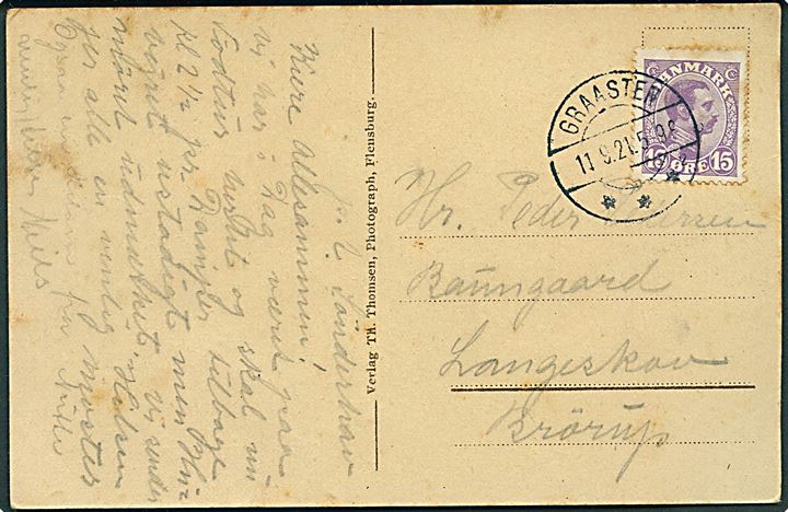 15 øre Chr. X på brevkort (Sejlskib i Flensburg Fjord ved Sønderhav) annulleret med brotype IIb Graasten sn2 d. 11.9.1921 til Brørup.