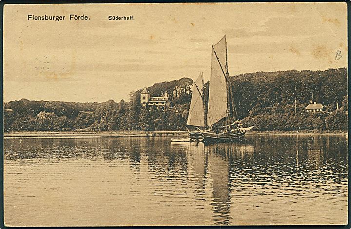 15 øre Chr. X på brevkort (Sejlskib i Flensburg Fjord ved Sønderhav) annulleret med brotype IIb Graasten sn2 d. 11.9.1921 til Brørup.