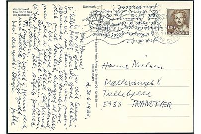 1,80 kr. Margrethe på brevkort annulleret med neutralt maskinstempel Henne (Henne Strand) d. 30.6.1982 til Tullebølle pr. Tranekær.