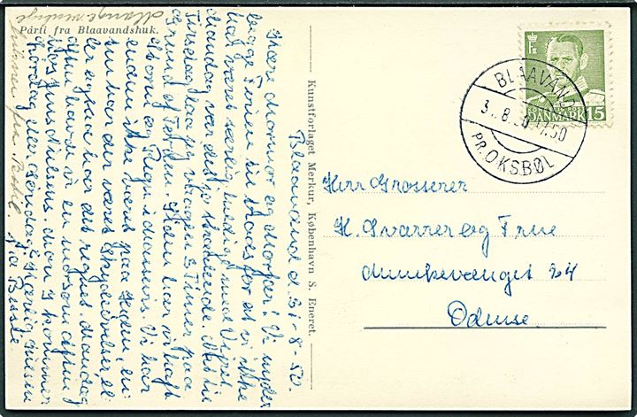 15 øre Fr. IX på brevkort annulleret med pr.stempel Blaavand pr. Oksbøl d. 31.8.1950 til Odense.