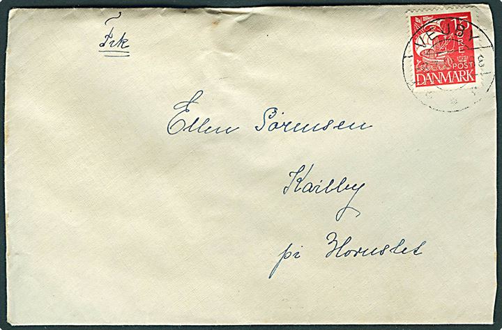 15 øre Karavel på brev annulleret med brotype IIb Vejby d. 8.7.1930 til Karlby pr. Hornslet.