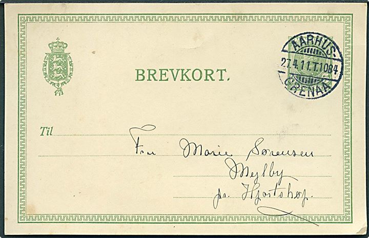 5 øre Fr. VIII helsagsbrevkort dateret Søby pr. Hornslet annulleret bureau Aarhus - Grenaa d. 27.4.1911 til Mejlby pr. Hjortshøj.