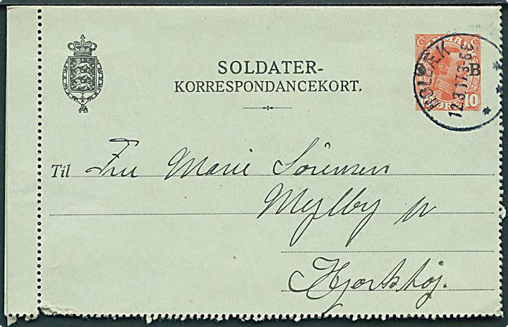 10 øre Soldater-Korrespondancekort fra Holbæk d. 12.3.1917 til Mejlby pr. Hjortshøj.