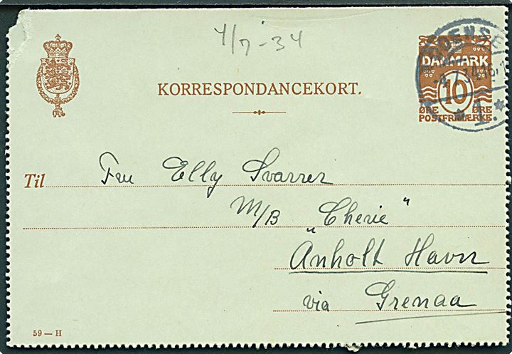 10 øre helsagskorrespondancekort (fabr. 59-H) fra Odense d. 4.7.1934 til motorbåden M/B Clerie, Anholt Havn via Grenaa.