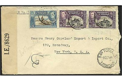 30 cents frankeret luftpostbrev fra San Fernando Trinidad d. 4.9.1943 til New York, USA. Åbnet at lokal censur på Trinidad PC/90 I.E./8629.