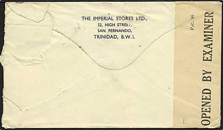 30 cents frankeret luftpostbrev fra San Fernando Trinidad d. 4.9.1943 til New York, USA. Åbnet at lokal censur på Trinidad PC/90 I.E./8629.