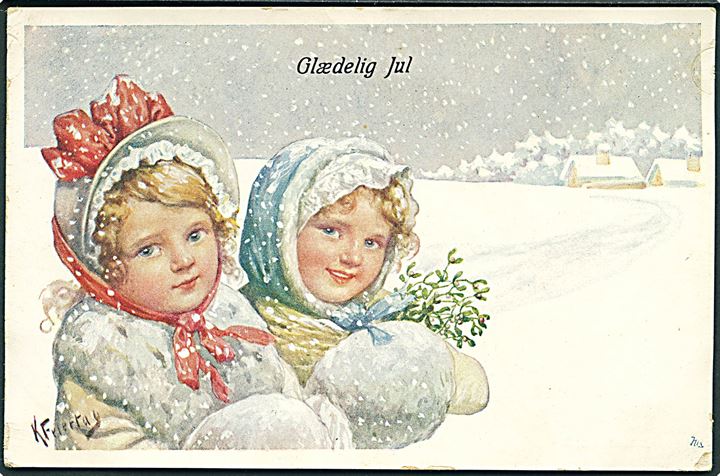 Karl Feiertag: Glædelig Jul. Piger iført vintertøj. B. K. W. I. no. 2931 - 3. 