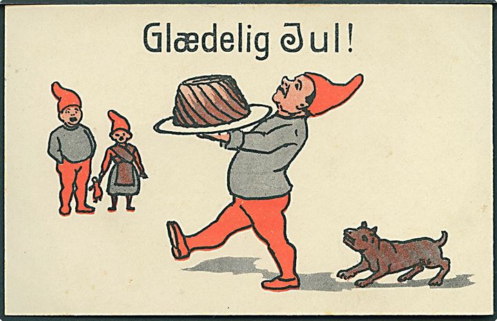 Glædelig Jul. Nisse går med en kage. Hund går bagved. H. A. Serie 512.