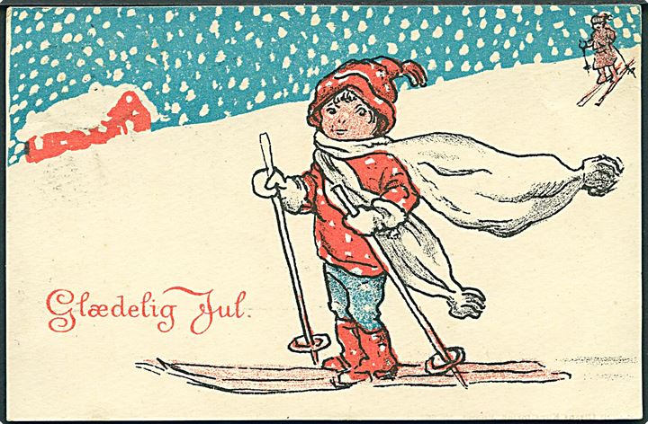Jordan, Harald: Glædelig Jul. Pige på ski. Rudolf Olsens Kunstforlag no. 227. 