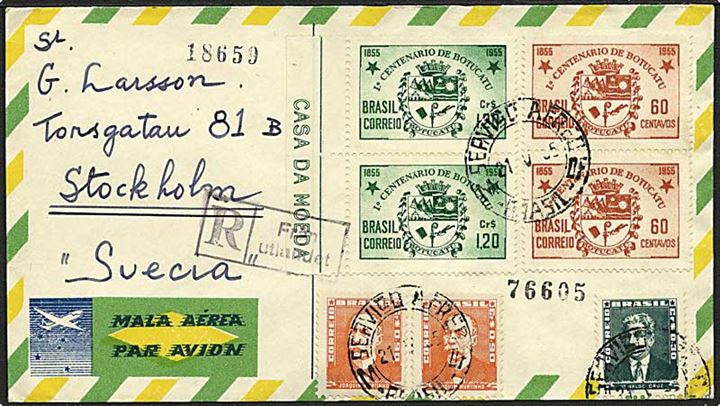 Blandingsfrankeret anbefalet luftpost brev fra Rio de Janeiro d. 21.5.1955 til Stockholm, Sverige. Rammestempel:R/ Från Utlandet.