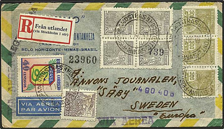 Blandingsfrankeret anbefalet luftpost brev fra Minas d. 1.4.1949 til Säby, Sverige. Svensk rec.-etiket Från utlandet (via Stockholm 1 utr.).