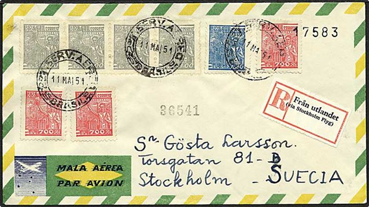 Blandingsfrankeret anbefalet luftpostbrev fra Rio de Janeiro 1951 til Stockholm, Sverige. Svensk rec.-etiket: Från utlandet (via Stockholm Flyg).