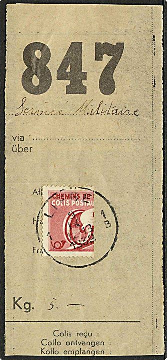 69 fr./5,50 fr. Postpakkemærke halveret på kvittering for militærpakke Service Militare stemplet Liege d. 9.9.1939. I sept. 1939 kunne halverede pakkepostmærker benyttes som porto på 3 fr. militærpakker.