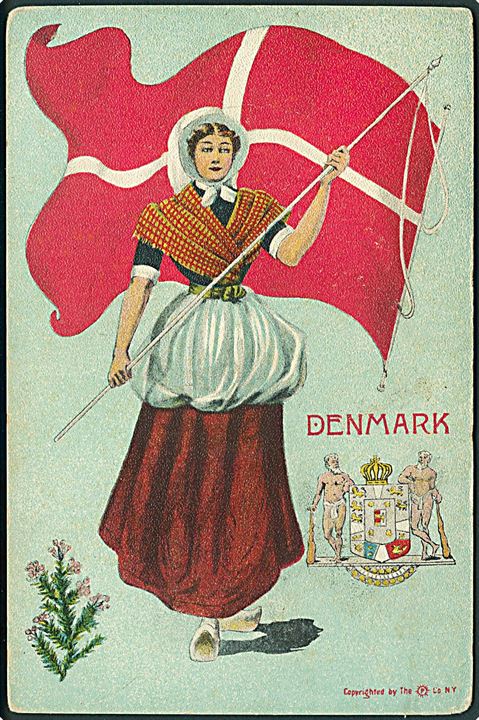 Kvinde med det danske flag. Og våbenskjold. The P Lo. N Y. U/no. 