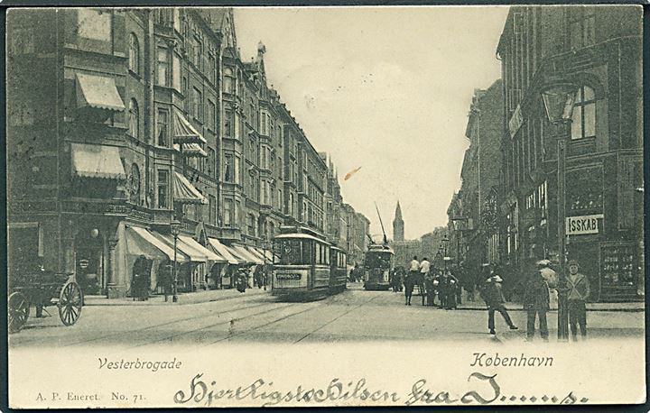 Vesterbrogade med Sporvogne (Linie 1), København.  A. P. No. 71. 