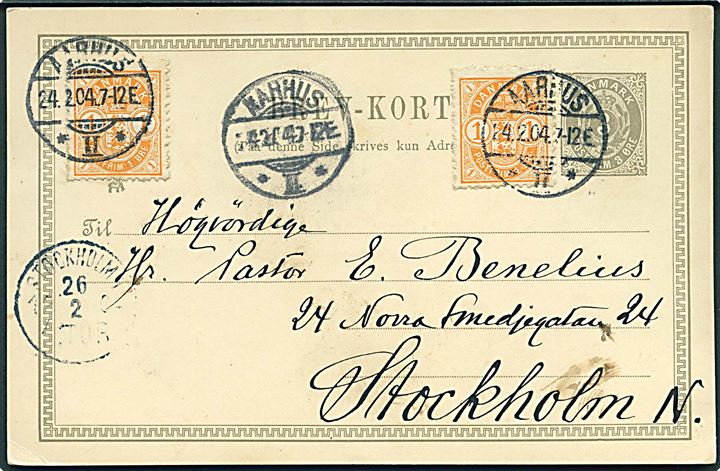 3 øre helsagsbrevkort opfrankeret med 1 øre Våben (2) fra Aarhus d. 24.2.1904 til Stockholm, Sverige.