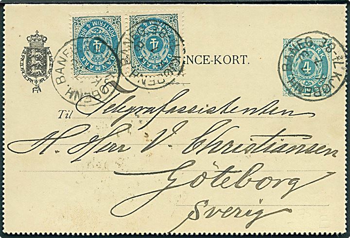 4 øre helsagskorrespondancekort opfrankeret med 4 øre Tofarvet i parstykke annulleret med lapidar Kjøbenhavn d. 17.7.1890 til Göteborg, Sverige.
