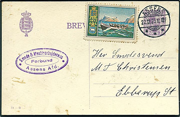 15 øre Chr. X helsagsbrevkort (fabr. 71-H) og Julemærke 1923 fra Assens d. 22.12.1923 til Ebberup St.