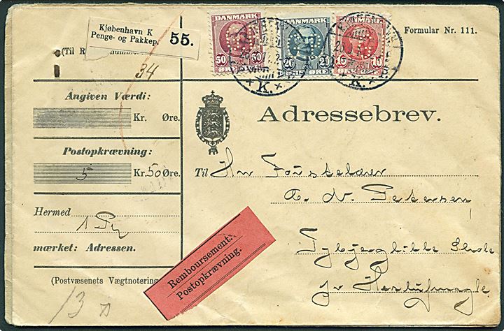 10 øre, 20 øre og 50 øre Fr. VIII med perfin G.B. på adressebrev for pakke med opkrævning fra Gyldendalske Boghandel i Kjøbenhavn d. 26.9.1911 til Herlufmagle. 