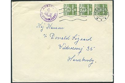 10 øre Bølgelinie (3) på brev annulleret Nykøbing Fl. d. 4.7.1960 og sidestemplet med posthornstempel AASTRUP pr. STUBBEKØBING til Hareskov by.