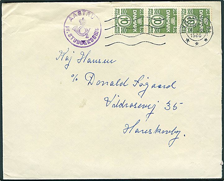 10 øre Bølgelinie (3) på brev annulleret Nykøbing Fl. d. 4.7.1960 og sidestemplet med posthornstempel AASTRUP pr. STUBBEKØBING til Hareskov by.