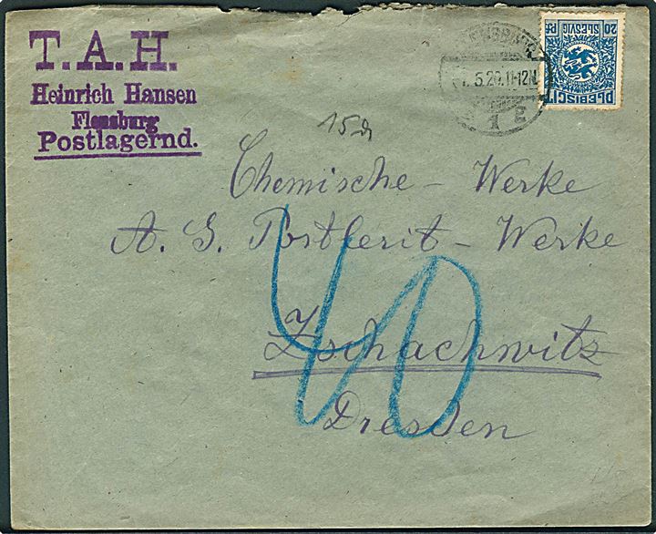 20 pfg. Fælles udg. på underfrankeret brev fra Flensburg d. 7.5.1920 til Zschachwitz pr. Dresden. Udtakseret i 40 pfg. porto.