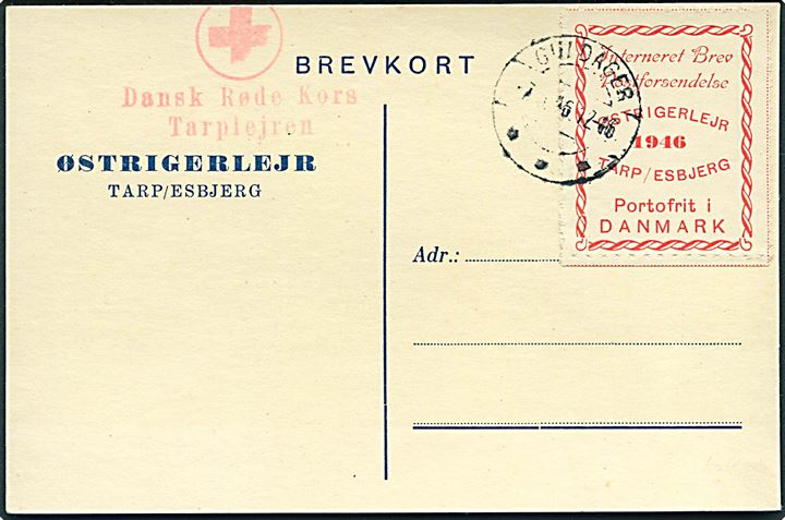 Interneret Brev Postforsendelse Østrigerlejr 1946 Tarp / Esbjerg mærkat på uadresseret fortrykt brevkort stemplet Guldager d. 7.x.1946 med rødt stempel: Dansk Røde Kors Tarplejren.