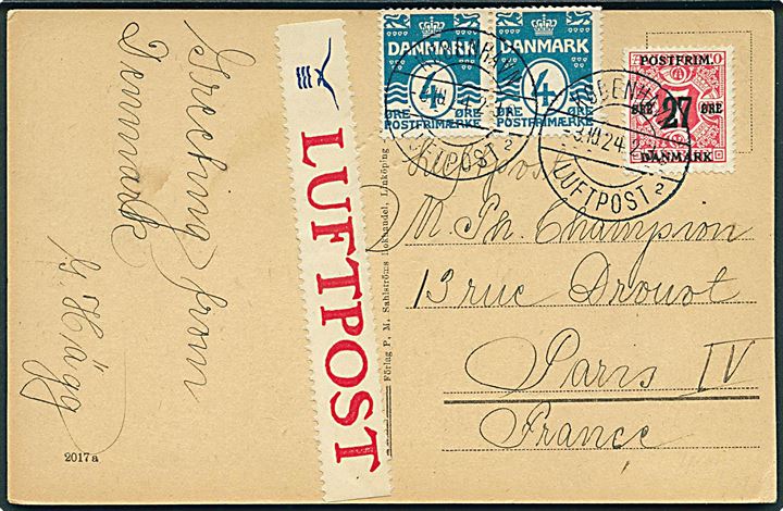 4 øre Bølgelinie i parstykke og 27/7 øre Provisorium på luftpost brevkort annulleret København Luftpost sn2 d. 3.10.1924 til Paris. Tidlig DDL-luftpostetiket.