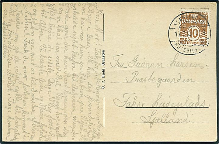 10 øre Bølgelinie på brevkort (Sønderskudt Dybbøl mølle) annulleret med uldent, men vanskeligt brotype IIc Sønderborg Rutebilpost d. 17.7.1933 til Fakse Ladeplads.