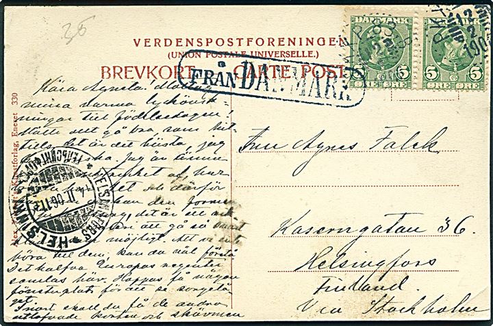 5 øre Chr. IX i parstykke på brevkort annulleret med svensk bureaustempel PKXP 83B d. 12.2.1906 og sidestemplet Från Danmark til Helsingfors, Finland.
