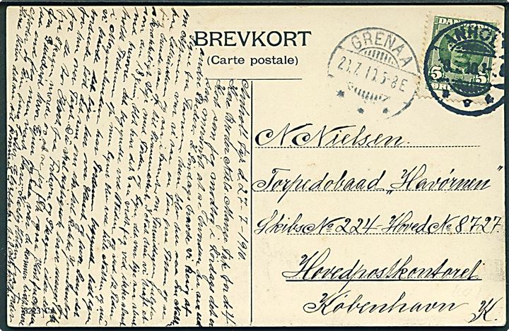 5 øre Fr. VIII på brevkort dateret Anholt Fyr annulleret brotype Ia Anholt d. 28.7.1910 og sidestemplet Grenaa d. 28.7.1910 til sømand ombord på torpedobåden Havørnen, Hovedpostkontoret, København K.