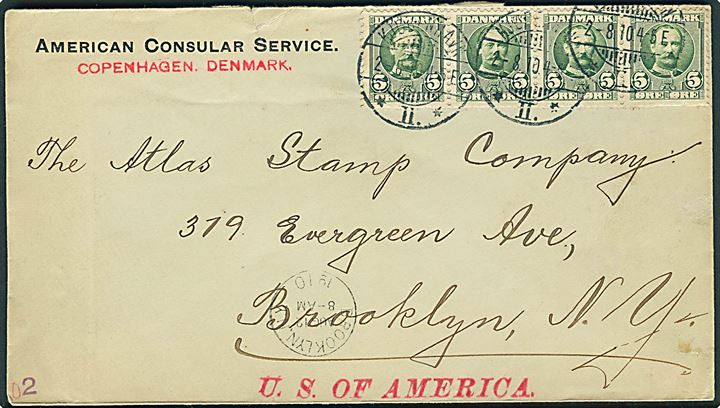 5 øre Fr. VIII i 4-stribe på fortrykt kuvert fra American Consular Service i Kjøbenhavn d. 2.8.1910 til Brooklyn, USA.