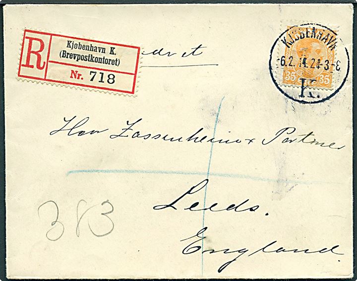 35 øre Chr. X single på anbefalet brev fra Kjøbenhavn d. 6.2.1914 via London til Leeds, England.