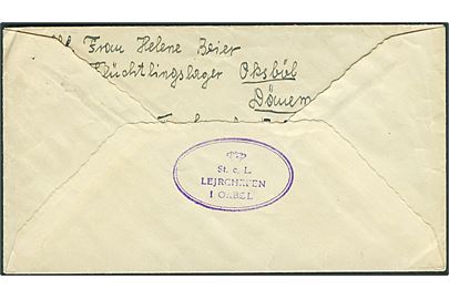 20 øre Chr. X i parstykke på brev fra Oksbøl d. 23.1.1946 til International Røde Kors i Geneve, Schweiz. Fra tysk flygtning i Oksbøllejren med stempel (krone) St.c.L. Lejrchefen i Oxbøl.