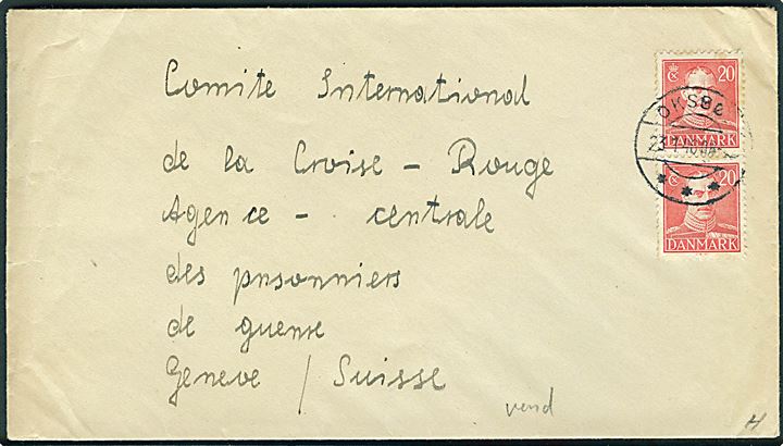 20 øre Chr. X i parstykke på brev fra Oksbøl d. 23.1.1946 til International Røde Kors i Geneve, Schweiz. Fra tysk flygtning i Oksbøllejren med stempel (krone) St.c.L. Lejrchefen i Oxbøl.