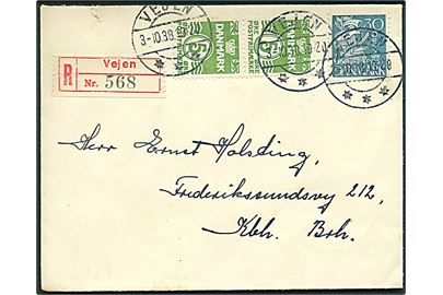 5 øre Bølgelinie i parstykke og 30 øre Karavel på anbefalet brev fra Vejen d. 3.10.1938 til København.