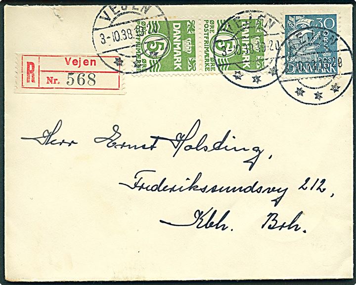 5 øre Bølgelinie i parstykke og 30 øre Karavel på anbefalet brev fra Vejen d. 3.10.1938 til København.