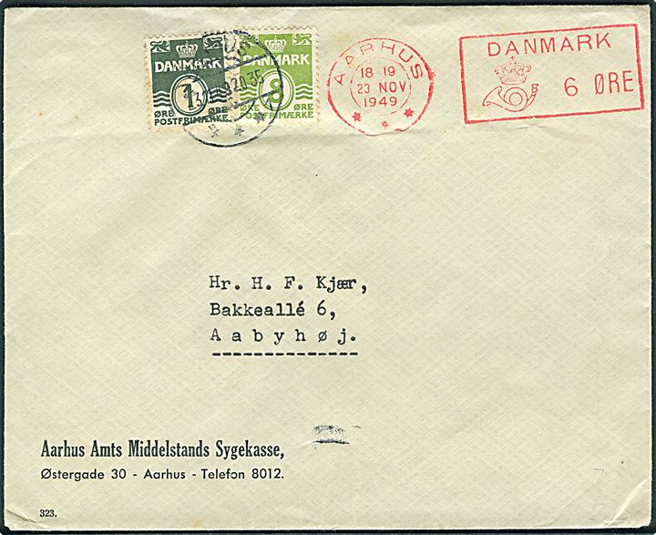 6 øre posthusfranko, samt 1 øre og 8 øre Bølgelinie på brev fra Aarhus d. 23.11.1949 til aabyhøj.