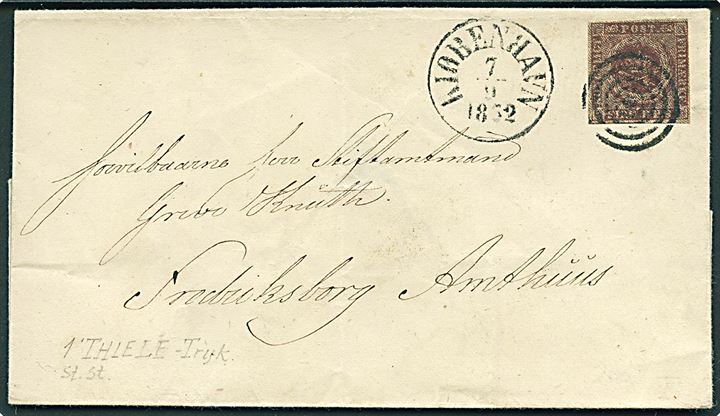 4 R.B.S. Thiele I på brev annulleret med stumt stempel og sidestemplet antiqua Kjøbenhavn d. 7.9.1852 til Frederiksborg Amtshuus.