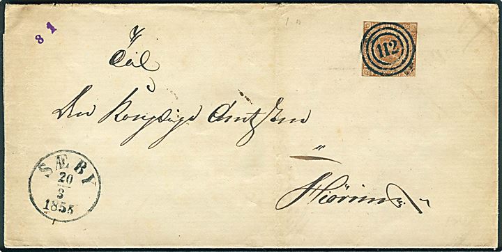 4 R.B.S. Thiele III på brev annulleret med nr.stempel 112 og sidestemplet antiqua Sæby d. 20.3.1855 til Hjørring.