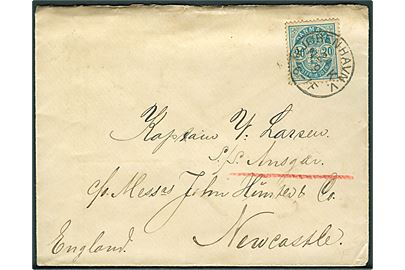 20 øre Våben single på brev fra Kjøbenhavn V. d. 24.9.1892 til kaptajn ombord på S/S Ansgar i Newcastle, England.