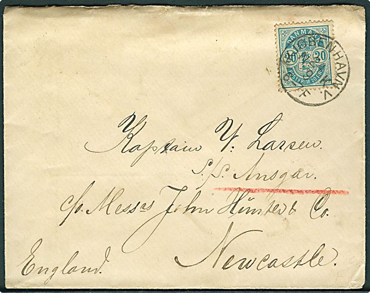 20 øre Våben single på brev fra Kjøbenhavn V. d. 24.9.1892 til kaptajn ombord på S/S Ansgar i Newcastle, England.
