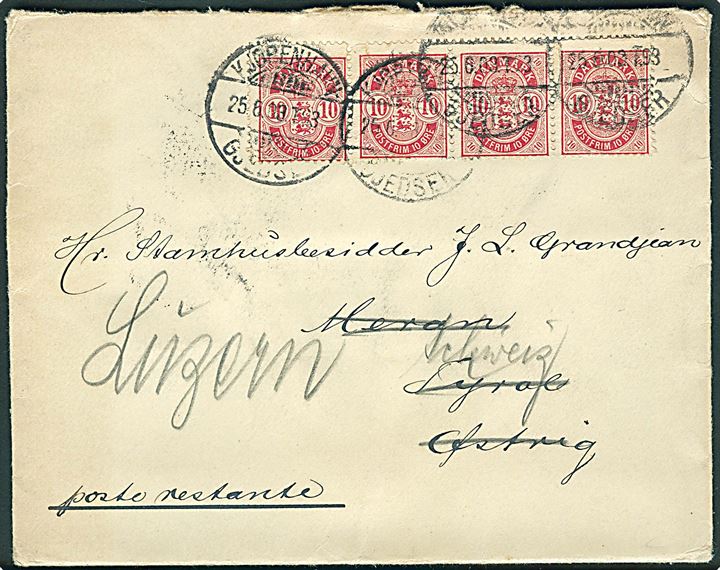 10 øre Våben i vandret 4-stribe på 2. vægtkl. brev fra Vennerslund annulleret med bureaustempel Kjøbenhavn - Gjedser T. 93 d. 25.6.1903 til Meran, Østrig - eftersendt til Luzern, Schweiz.