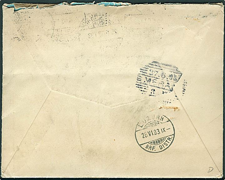10 øre Våben i vandret 4-stribe på 2. vægtkl. brev fra Vennerslund annulleret med bureaustempel Kjøbenhavn - Gjedser T. 93 d. 25.6.1903 til Meran, Østrig - eftersendt til Luzern, Schweiz.