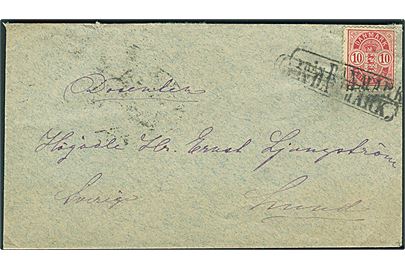 10 øre Våben på brev annulleret med svensk skibsstempel Från Danmark og på bagsiden sidestemplet Malmö d. 1.3.1896 til Lund, Sverige.