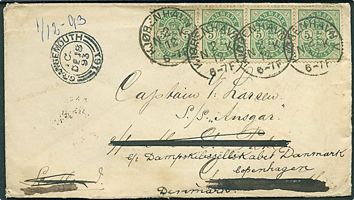 5 øre Våben i vandret 4-stribe på brev fra Kjøbenhavn V. N.K. d. 2.12.1893 til kaptajn ombord på S/S Ansgar i Grangemouth, England - eftersendt til København.