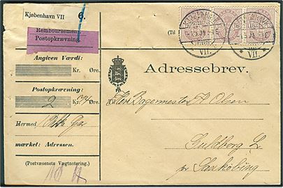 15 øre Våben i vandret 3-stribe på adressebrev for værdipakke fra Kjøbenhavn d. 4.5.1904 til Guldborg L. pr. Saxkjøbing.