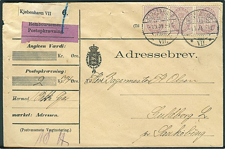 15 øre Våben i vandret 3-stribe på adressebrev for værdipakke fra Kjøbenhavn d. 4.5.1904 til Guldborg L. pr. Saxkjøbing.