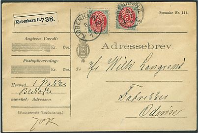 8 øre Tofarvet omv. rm. (2) på adressebrev for pakke fra Kjøbenhavn d. 8.2.1901 til Odense.