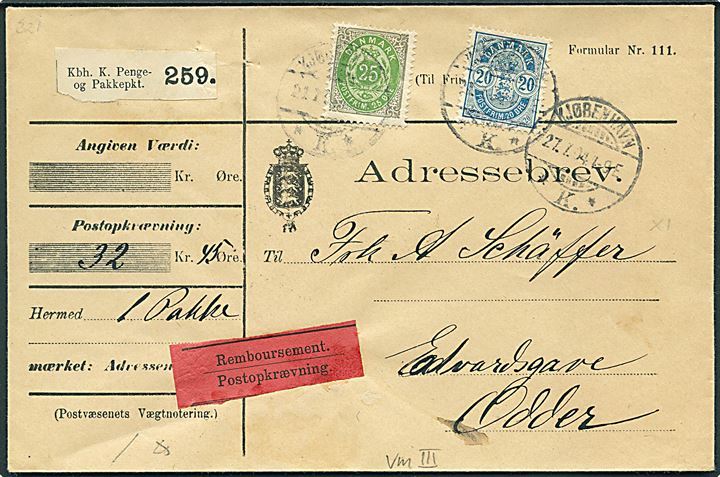 20 øre Våben og 25 øre Tofarvet på adressebrev for pakke med opkrævning fra Kjøbenhavn d. 27.7.1904 til Odder.